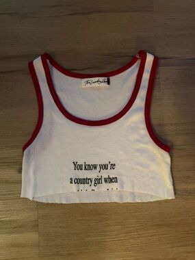 The Laundry Room White Crop Tank with Red Trim & Graphic